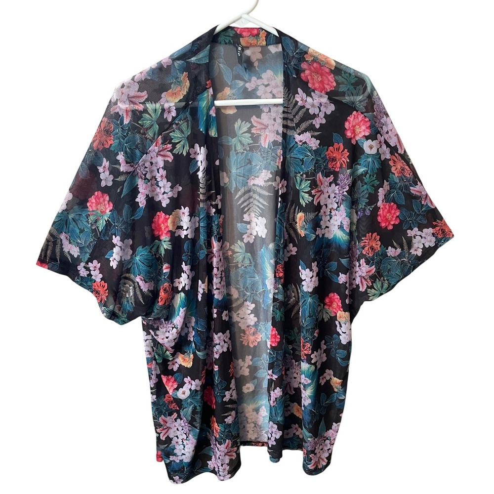 Torrid Wm Floral Mesh Kimono Open Front Sheer Short Sleeve Cardigan Black 00/0